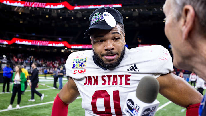 Dec 16, 2023; New Orleans, LA, USA;  Jacksonville State Gamecocks defensive lineman Chris Hardie (91) talks to the media after the game against the Louisiana-Lafayette Ragin Cajuns at the Caesars Superdome. Mandatory Credit: Stephen Lew-USA TODAY Sports