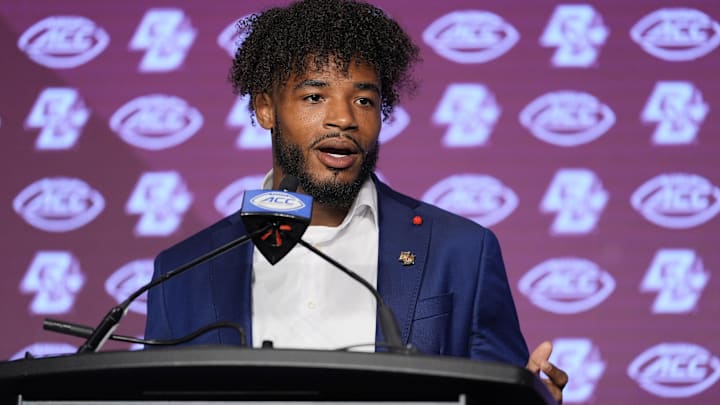 Jul 24, 2024; Charlotte, NC, USA; Boston College Eagles quarteback Thomas Castellanos speaks to the media during the ACC Kickoff at Hilton Charlotte Uptown. Mandatory Credit: Jim Dedmon-Imagn Images