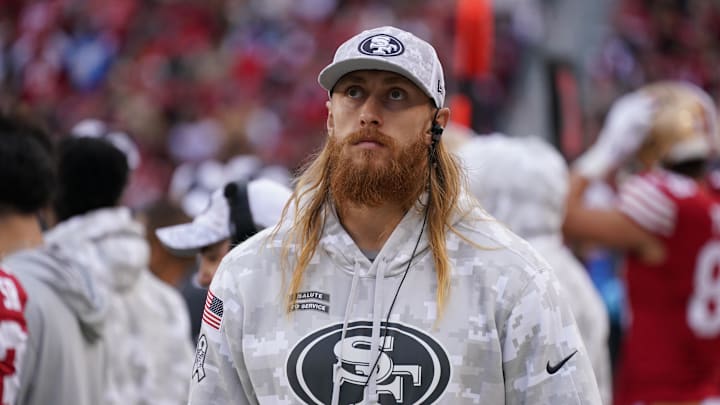 Nov 17, 2024; Santa Clara, California, USA; George Kittle stands on the sideline with injury against the Seattle Seahawks in the fourth quarter at Levi's Stadium. Mandatory Credit: David Gonzales-Imagn Images