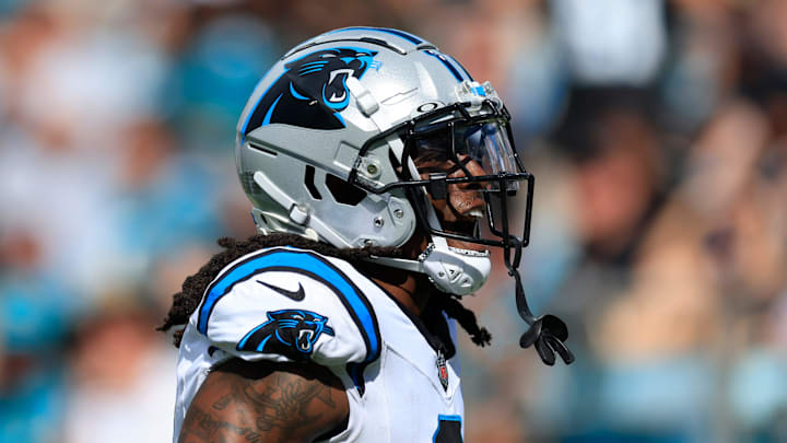 Carolina Panthers cornerback Jaycee Horn (8) taunts the Jacksonville Jaguars fans after collecting an interception during the third quarter of an NFL football matchup at EverBank Stadium, Sunday, Sept. 7, 2025 in Jacksonville, Fla. The Jaguars defeated the Panthers 26-10. [Corey Perrine/Florida Times-Union]