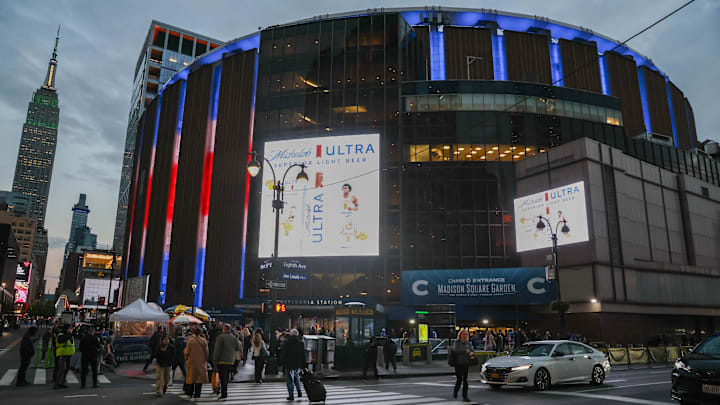 Oct 23, 2025; New York, New York, USA;  View out the outside of Madison Square Garden prior to the game between the San Jose Sharks and the New York Rangers. Mandatory Credit: Wendell Cruz-Imagn Images