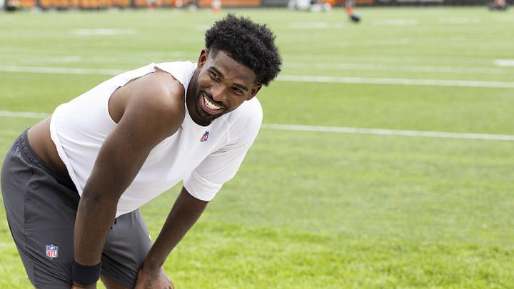 Jun 9, 2026; Berea, OH, USA; Cleveland Browns quarterback Shedeur Sanders (2) laughs after mandatory mini camp at Cross Country Mortgage Campus. Mandatory Credit: Scott Galvin-Imagn Images