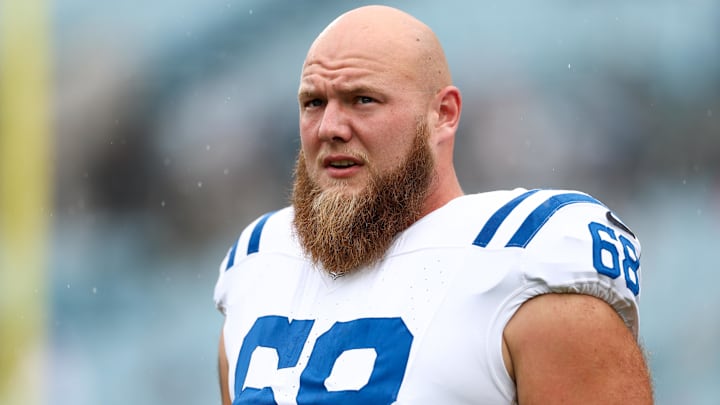 Oct 6, 2024; Jacksonville, Florida, USA; Indianapolis Colts guard Dalton Tucker (68) warms up before a game against the Jacksonville Jaguars at EverBank Stadium. Mandatory Credit: Nathan Ray Seebeck-Imagn Images