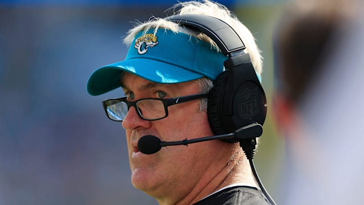 Jacksonville Jaguars head coach Doug Pederson looks on during the fourth quarter of an NFL football matchup Sunday, Oct. 27, 2024 at EverBank Stadium in Jacksonville, Fla. The Packers edged the Jaguars 30-27 on a last-second field goal. [Corey Perrine/Florida Times-Union]