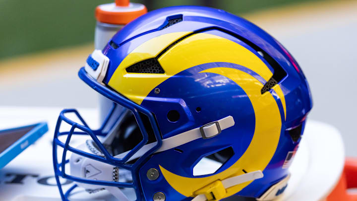 Dec 7, 2025; Glendale, Arizona, USA; Detailed view of a Los Angeles Rams helmet at State Farm Stadium. Mandatory Credit: Mark J. Rebilas-Imagn Images