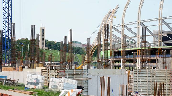 Construction continues on the east end and the Gateway District at David Booth Kansas Memorial Stadium on Aug. 4, 2026. Construction continues on the east end and the Gateway District at David Booth Kansas Memorial Stadium on Aug. 4, 2026.