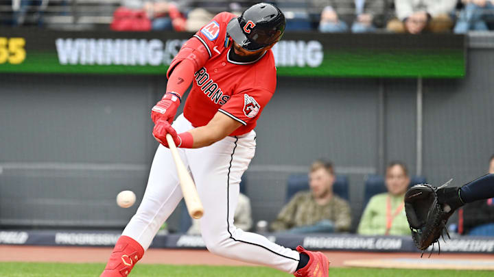 Apr 21, 2026:Cleveland Guardians right fielder George Valera (7) hits an RBI single during the first inning against the Houston Astros at Progressive Field. 