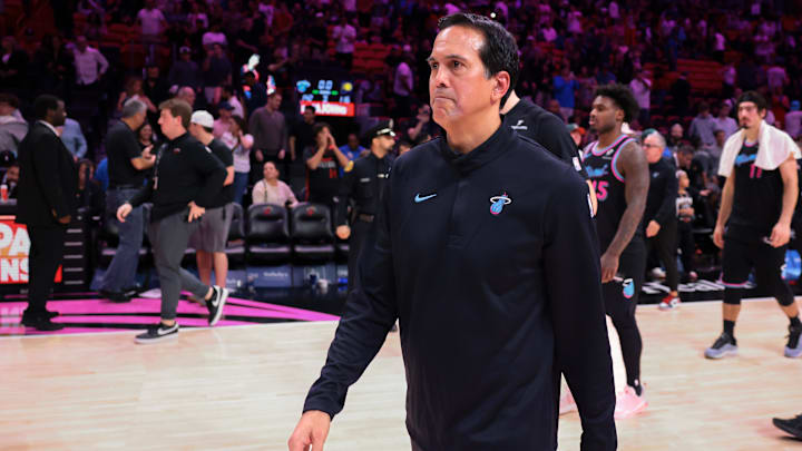 Dec 27, 2025; Miami, Florida, USA; Miami Heat head coach Erik Spoelstra walks on the court after the game against the Indiana Pacers at Kaseya Center. Mandatory Credit: Sam Navarro-Imagn Images