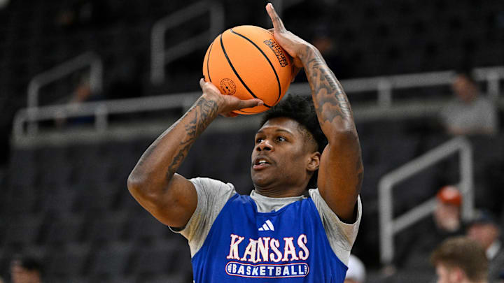 Mar 19, 2025; Providence, RI, USA; Kansas Jayhawks guard AJ Storr (2)  practices at Amica Mutual Pavilion. Mandatory Credit: Eric Canha-Imagn Images