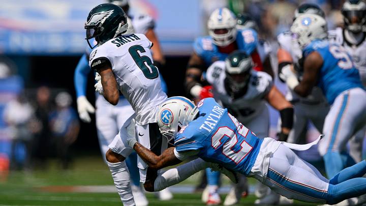 Sep 20, 2026; Nashville, Tennessee, USA; Philadelphia Eagles wide receiver DeVonta Smith (6) drags Tennessee Titans cornerback Alontae Taylor (24) during the first half at Nissan Stadium. Mandatory Credit: Steve Roberts-Imagn Images Sep 20, 2026; Nashville, Tennessee, USA; Philadelphia Eagles wide receiver DeVonta Smith (6) drags Tennessee Titans cornerback Alontae Taylor (24) during the first half at Nissan Stadium. Mandatory Credit: Steve Roberts-Imagn Images