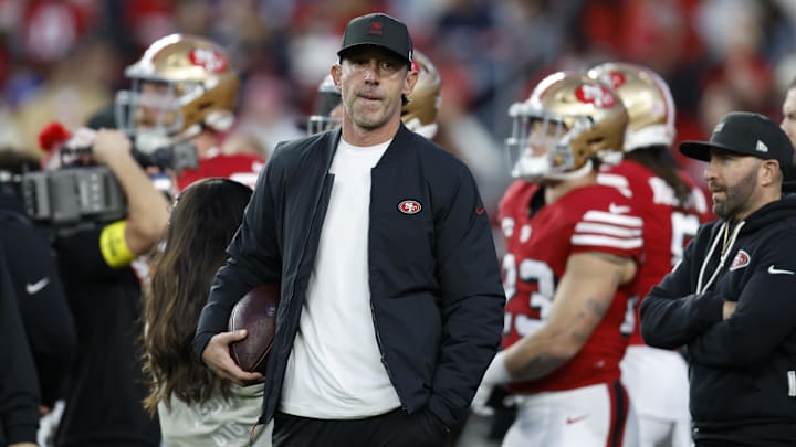 Dec 28, 2025; Santa Clara, California, USA;  San Francisco 49ers head coach Kyle Shanahan looks on before the game against the Chicago Bears at Levi's Stadium. Mandatory Credit: Sergio Estrada-Imagn Images