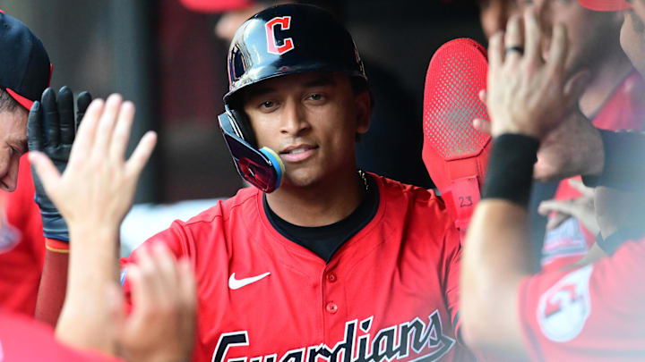 Jun 19, 2024; Cleveland, Ohio, USA; Cleveland Guardians catcher Bo Naylor (23) celebrates after scoring during the second inning against the Seattle Mariners at Progressive Field. Mandatory Credit: Ken Blaze-Imagn Images