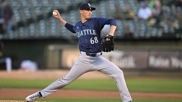 Seattle Mariners starting pitcher George Kirby throws during a game against the Oakland Athletics on Sept. 4 at Oakland Coliseum.