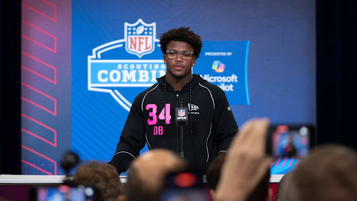 Feb 26, 2026; Indianapolis, IN, USA; Ohio State defensive back Caleb Downs (DB34) speaks to members of the media during the NFL Combine at the Indiana Convention Center. Mandatory Credit: Jacob Musselman-Imagn Images
