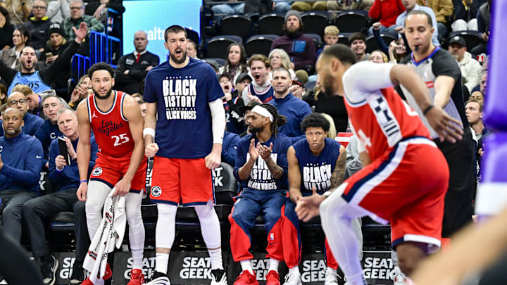 Feb 13, 2025; Salt Lake City, Utah, USA; LA Clippers bench reacts after a basket against the Utah Jazz during overtime at the Delta Center. Mandatory Credit: Christopher Creveling-Imagn Images Feb 13, 2025; Salt Lake City, Utah, USA; LA Clippers bench reacts after a basket against the Utah Jazz during overtime at the Delta Center. Mandatory Credit: Christopher Creveling-Imagn Images