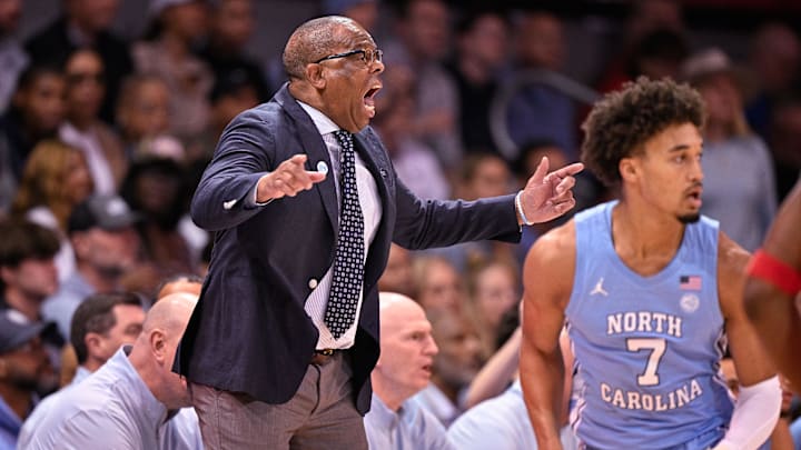 Jan 3, 2026; Dallas, Texas, USA; North Carolina Tar Heels head coach Hubert Davis yells to his team during the game between the Mustangs and the Tar Heels at Moody Coliseum. Mandatory Credit: Jerome Miron-Imagn Images