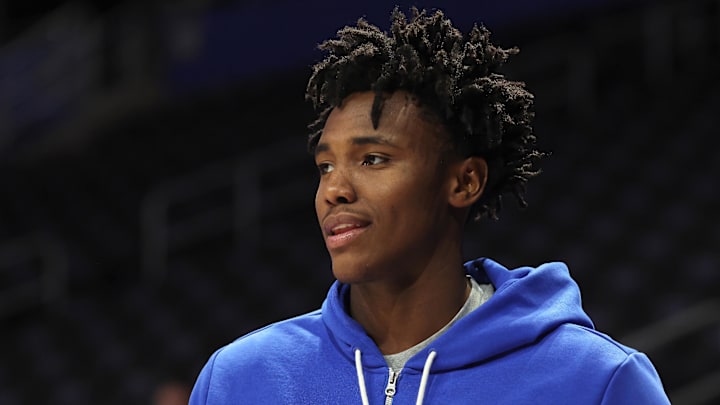 Feb 10, 2026; Pittsburgh, Pennsylvania, USA;  Duke Blue Devils center Patrick Ngongba (21) warms up before the game against the Pittsburgh Panthers.