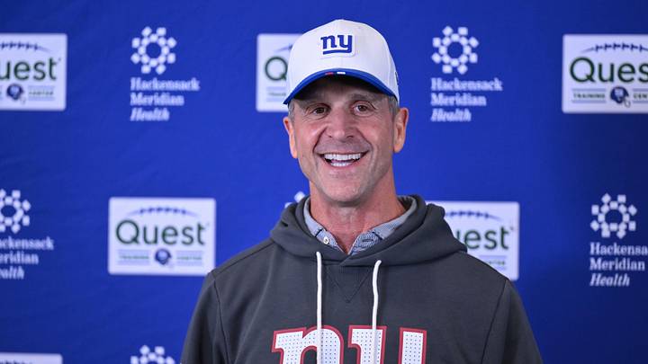 May 21, 2026; East Rutherford, NJ, USA; New York Giants head coach John Harbaugh speaks at a press conference during organized team activities at Quest Diagnostics Training Center. Mandatory Credit: John Jones-Imagn Images
