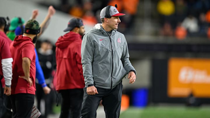 Nov 23, 2024; Corvallis, Oregon, USA; Washington State Cougars head coach Jake Dickert on the sidelines during the second quarter against the Oregon State Beavers at Reser Stadium. Mandatory Credit: Craig Strobeck-Imagn Images