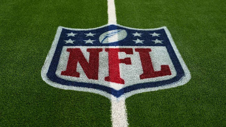 NFL logo at midfield of SoFi Stadium.