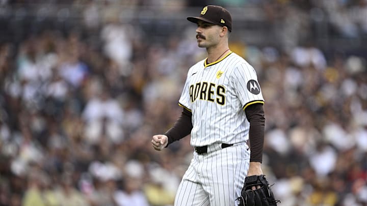 Sep 18, 2024; San Diego, California, USA; San Diego Padres starting pitcher Dylan Cease (84) celebrates during the eighth inning against the Houston Astros at Petco Park.