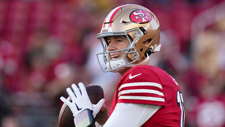 San Francisco 49ers quarterback Mac Jones (10). San Francisco 49ers quarterback Mac Jones (10).