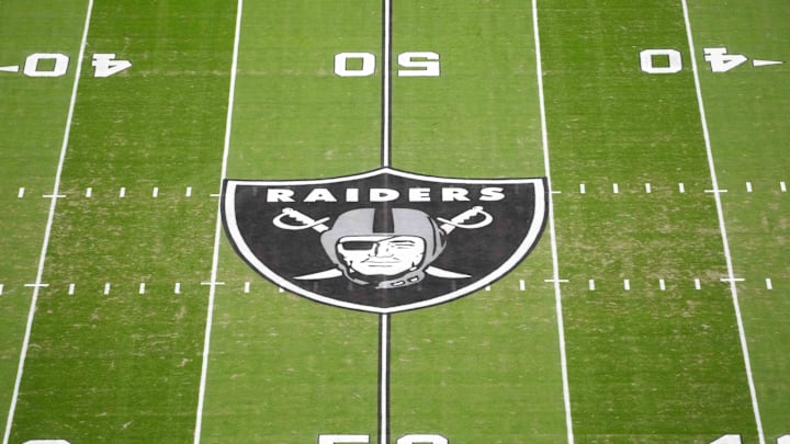 Jan 4, 2026; Paradise, Nevada, USA; The Las Vegas Raiders shield logo at midfield at Allegiant Stadium. Mandatory Credit: Kirby Lee-Imagn Images