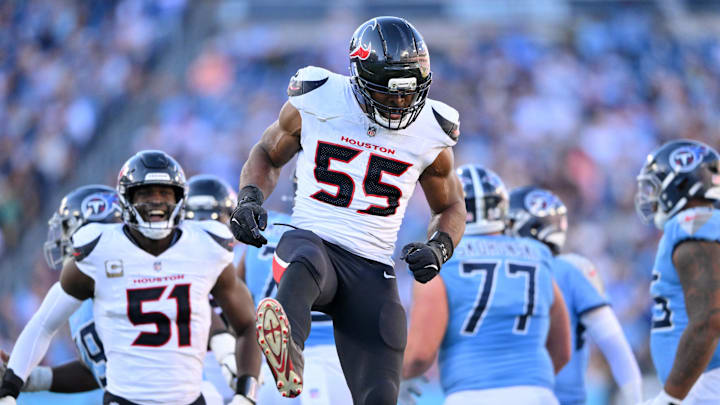 Nov 16, 2025; Nashville, Tennessee, USA; Houston Texans defensive end Danielle Hunter (55) celebrates after a sack against the Tennessee Titans during the second half at Nissan Stadium. Mandatory Credit: Steve Roberts-Imagn Images Nov 16, 2025; Nashville, Tennessee, USA; Houston Texans defensive end Danielle Hunter (55) celebrates after a sack against the Tennessee Titans during the second half at Nissan Stadium. Mandatory Credit: Steve Roberts-Imagn Images