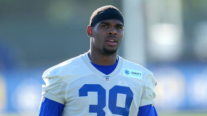 Jul 26, 2023; Irvine, CA, USA; Los Angeles Rams safety Quindell Johnson (39) during training camp at UC Irvine. Mandatory Credit: Kirby Lee-Imagn Images