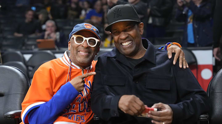 Spike Lee and Denzel Washington attend the game between the Los Angeles Lakers and the New York Knicks at Crypto.com Arena.