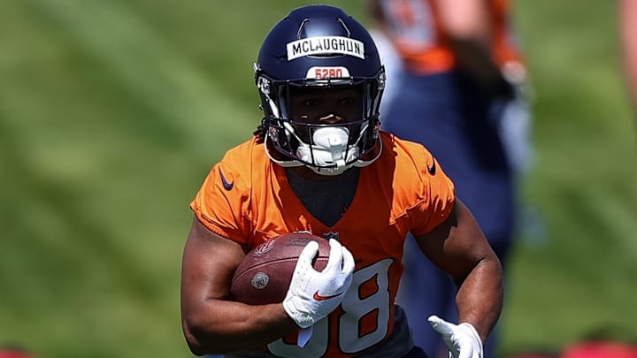Denver Broncos running back Jaleel McLaughlin (38) during organized team activities at Centura Health Training Center. 
