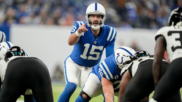 Indianapolis Colts quarterback Joe Flacco (15) yells from the line of scrimmage Sunday, Jan. 5, 2025, during a game against the Jacksonville Jaguars at Lucas Oil Stadium in Indianapolis.