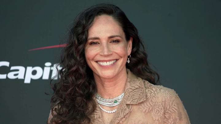 Jul 12, 2023; Los Angeles, CA, USA; Sue Bird arrives on the red carpet before the 2023 ESPYS at the Dolby Theatre. Mandatory Credit: Kirby Lee-Imagn Images