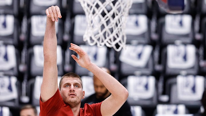 May 6, 2024; Denver, Colorado, USA; Denver Nuggets center Nikola Jokic (15) warms up before game two of the second round for the 2024 NBA playoffs against the Minnesota Timberwolves at Ball Arena. Mandatory Credit: Isaiah J. Downing-USA TODAY Sports