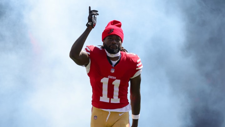Oct 1, 2023; Santa Clara, California, USA; San Francisco 49ers wide receiver Brandon Aiyuk (11) runs onto the field before the game against the Arizona Cardinals at Levi's Stadium. Mandatory Credit: Sergio Estrada-USA TODAY Sports Oct 1, 2023; Santa Clara, California, USA; San Francisco 49ers wide receiver Brandon Aiyuk (11) runs onto the field before the game against the Arizona Cardinals at Levi's Stadium. Mandatory Credit: Sergio Estrada-USA TODAY Sports