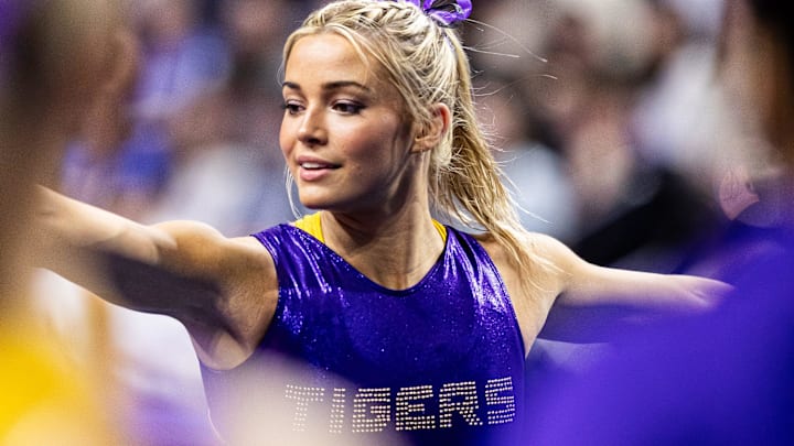 LSU Tigers gymnast Livvy Dunne warms up against the Florida Gators before the meet.