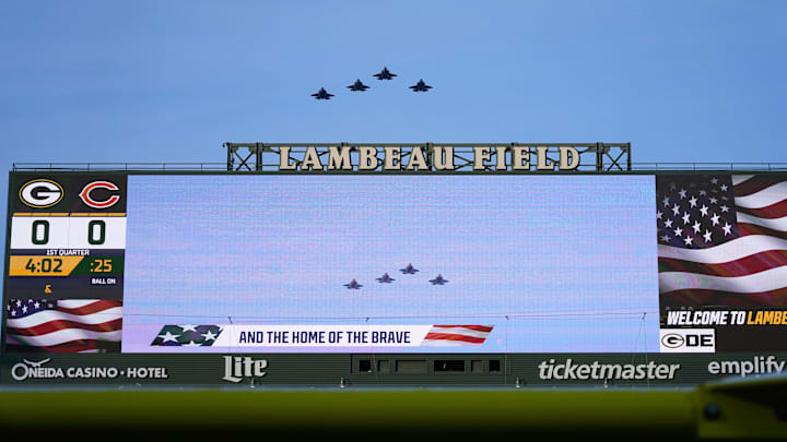 Jets fly over Lambeau Field before the game between the Chicago Bears and Green Bay Packers. Jets fly over Lambeau Field before the game between the Chicago Bears and Green Bay Packers.