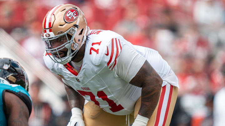 September 28, 2025; Santa Clara, California, USA; San Francisco 49ers offensive tackle Trent Williams (71) during the first quarter against the Jacksonville Jaguars at Levi's Stadium. Mandatory Credit: Kyle Terada-Imagn Images