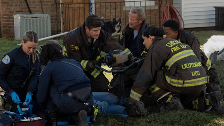 CHICAGO FIRE -- "Quicksand" Episode 13008 -- Pictured: (l-r) Jocelyn Hudon as Lyla Novak, Jake Lockett as Sam Carver, Christian Stolte as Randy "Mouch" McHolland, Miranda Rae Mayo as Stella Kidd, Daniel Kyri as Darren Ritter
