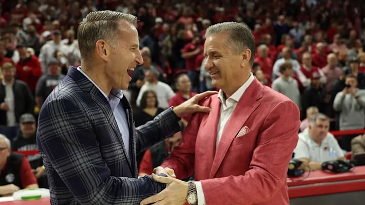 Alabama basketball coach Nate Oats and Arkansas basketball coach John Calipari shake hands against Arkansas at Bud Walton Arena in Fayetteville, AR on Saturday, Feb 8, 2025