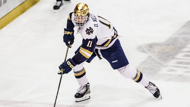Notre Dame forward Danny Nelson (11) skates with the puck during the Michigan State-Notre Dame NCAA hockey game on Friday, February 02, 2024, at Compton Family Ice Arena in South Bend, Indiana.