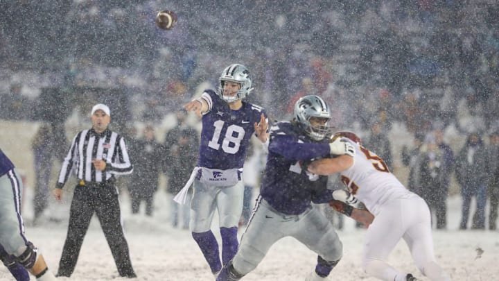 Nov. 25, 2023: Kansas State quarterback Will Howard throws a pass at snow covered Bill Snyder Family Stadium in Manhattan, Kansas as the Wildcats take on the Iowa State Cyclones. Nov. 25, 2023: Kansas State quarterback Will Howard throws a pass at snow covered Bill Snyder Family Stadium in Manhattan, Kansas as the Wildcats take on the Iowa State Cyclones.