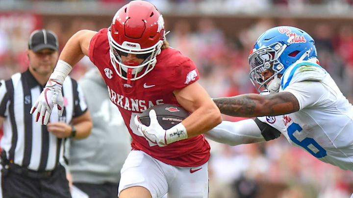 Arkansas Razorbacks tight end Isaac TeSlaa turns up field after making a catch against the Ole Miss Rebels at Razorback Stadium in Fayetteville, Ark.