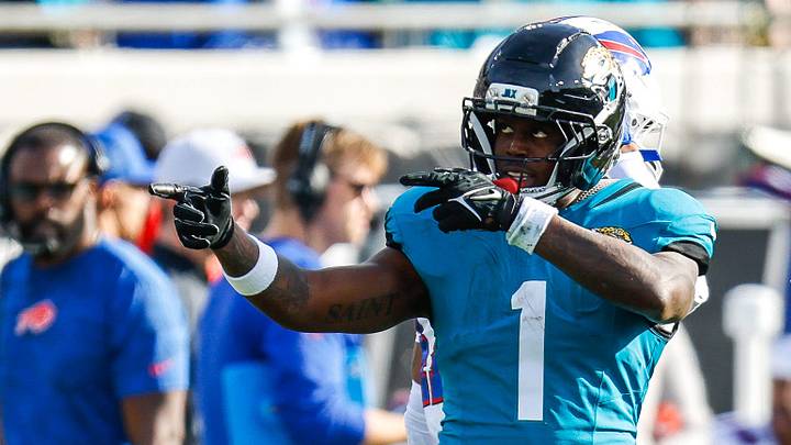 Jacksonville Jaguars running back Travis Etienne Jr. (1) signals a first down during the third quarter in an NFL football AFC Wild Card playoff matchup, Sunday, Jan. 11, 2026, in Jacksonville, Fla. Bills lead 10-7 at the half over the Jaguars. The Bills defeated the Jaguars 27-24. Jacksonville Jaguars running back Travis Etienne Jr. (1) signals a first down during the third quarter in an NFL football AFC Wild Card playoff matchup, Sunday, Jan. 11, 2026, in Jacksonville, Fla. Bills lead 10-7 at the half over the Jaguars. The Bills defeated the Jaguars 27-24.