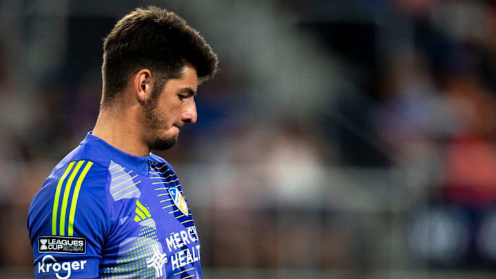 FC Cincinnati goalkeeper Roman Celentano (18) stands in the second half of the Leagues Cup match at TQL Stadium in Cincinnati on Friday, Aug. 9, 2024. FC Cincinnati defeated Santos Laguna in penalty kicks.