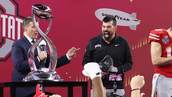 Ohio State Buckeyes head coach Day celebrates after winning the College Football Playoff semifinal against the Texas Longhorns in the Cotton Bowl at AT&T Stadium. 