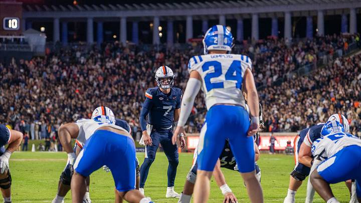 Virginia Cavaliers quarterback Beau Pribula surveys the Duke Blue Devils defense. Virginia Cavaliers quarterback Beau Pribula surveys the Duke Blue Devils defense.