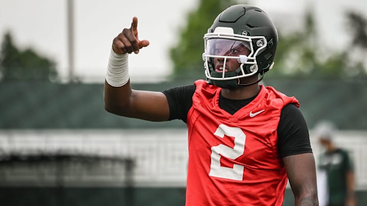 MSU QB Aidan Chiles seen Tuesday, July 29, 2025, during the first day of football practice at the Skandalaris Football Center.