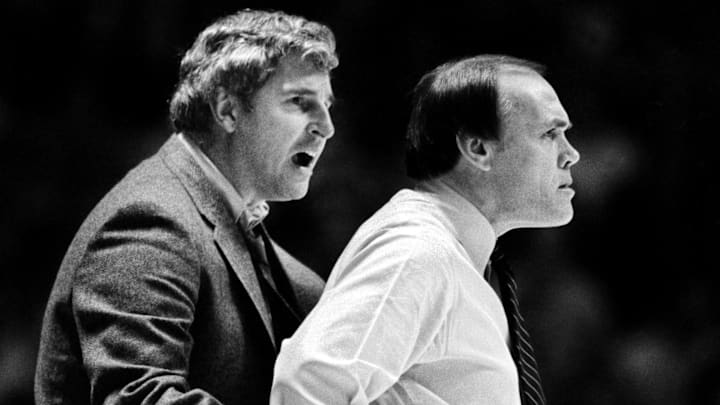 Indiana coach Bob Knight gave Gene Keady, his Purdue counterpart at the time, a poke in the ribs as they coach on the floor at Mackey Arena in 1983 Indiana coach Bob Knight gave Gene Keady, his Purdue counterpart at the time, a poke in the ribs as they coach on the floor at Mackey Arena in 1983