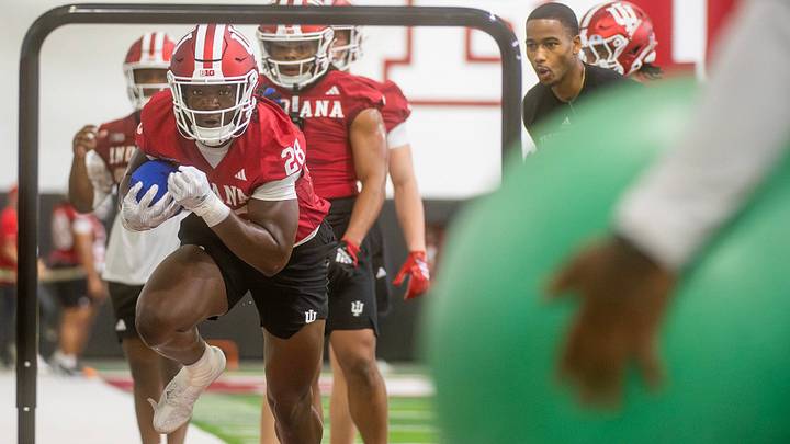 Indiana's Khobie Martin (28) during Indiana University spring football practice on Thursday, March 26, 2026.